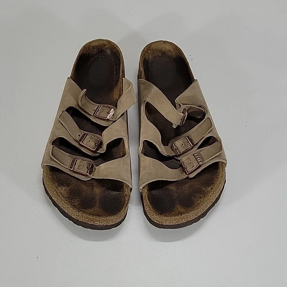 Birkenstock Three-Strap Leather Sandals in Light Brown Sz 39 L8 M6
